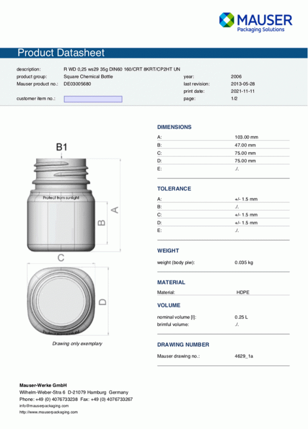 Product datasheet for 250ml hdpe powder bottle