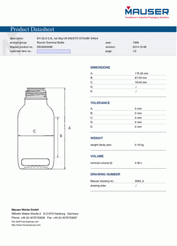 500ml natural hdpe un liquid bottle data sheet cover 3002089
