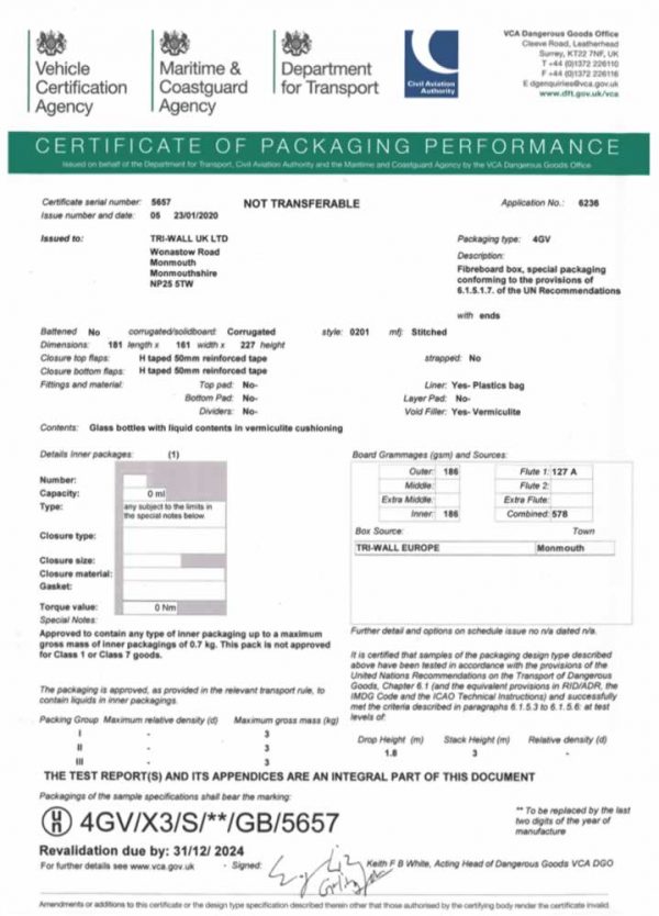 STF1 - UN 4G/4GV Fibreboard Box - Certification