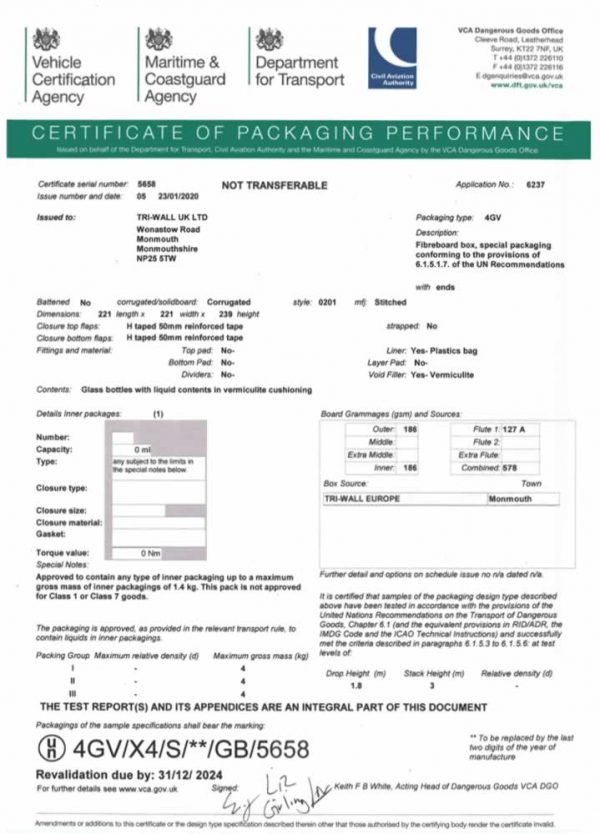 STF2 UN 4G/4GV Fibreboard Box Certification