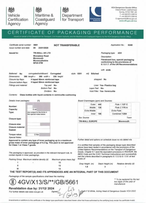 STF5 - UN 4G/4GV Fibreboard Box - Certification