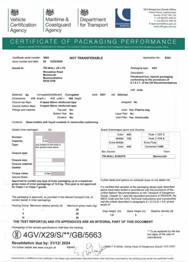 STF7 Certification - UN 4G/4GV Fibreboard Box