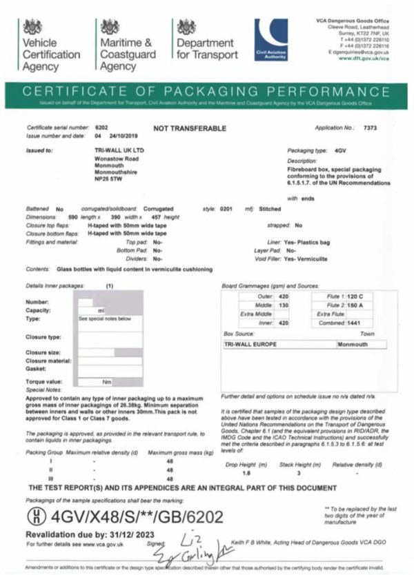 STF8 UN 4G/4GV Fibreboard Box - Certification