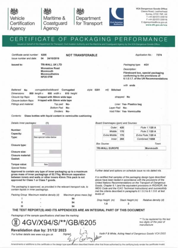 STF9 - UN 4G/4GV Fibreboard Box - Certification